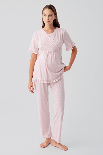 Artış Kısa Kollu Emzirme Bölmeli Ayarlanabilir Bel Pamuklu Hamile Pijama Takım