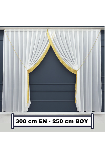 ESDEH Kruvaze Spor Tül Perde (300x250 cm) - GOLD Püsküllü - KIRIK BEYAZ Tül P...