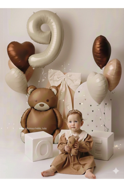 Çemrek Süs Parti Beige Cream Number Age Foil Balloon Bear Foil Balloon Coffee...