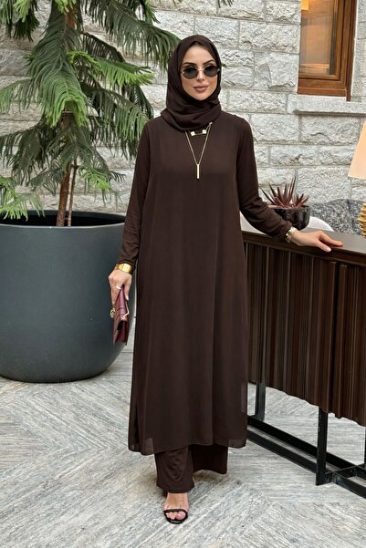 Mürdüm butik Pamuk/Viskon ve Şifon Kumaşlı İkili Takım-Acı Kahve