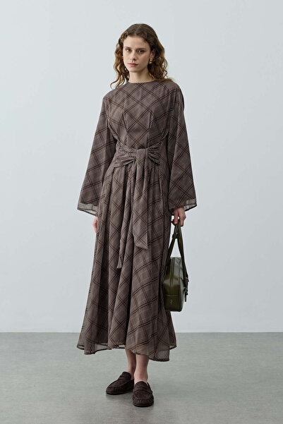 Fahhar Ekose Bağlamalı Elbise Gri