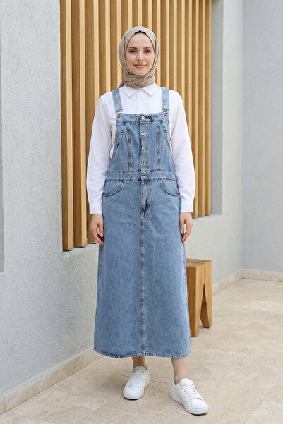 FERHEL Women's Half Buttoned Pocketed Denim Slopet - Ice Blue