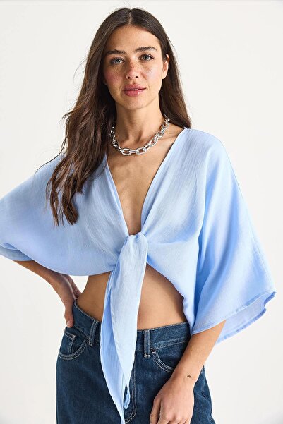 TENA Women's Blue Bat Sleeve Front Tie Shirt