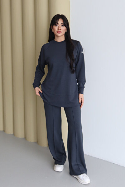 Balenbi Shoulder Snap Detailed Crew Neck Oversize Modal Hijab Set 1178