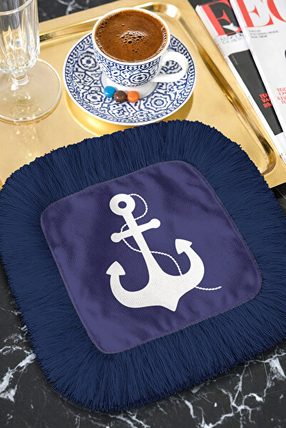 Evimde Bambaşka Морска салфетка с ресни - тъмно синя подложка за чаша с морск...