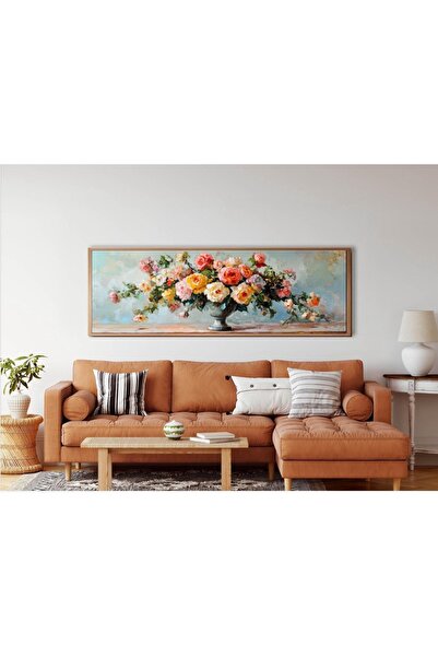 woodhomeworks Tek Parça Gerçek Ahşap Yatay Panorama Çerçeveli Tablo vazoda çiçek