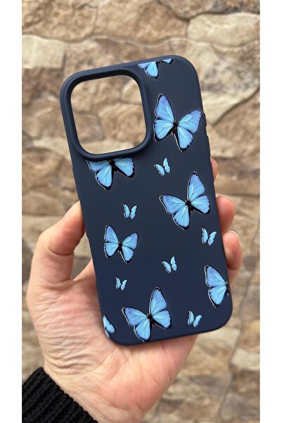 Vip Case iPhone 16 Pro Compatible Blue Butterfly Patterned Silicone Shock-Abs...