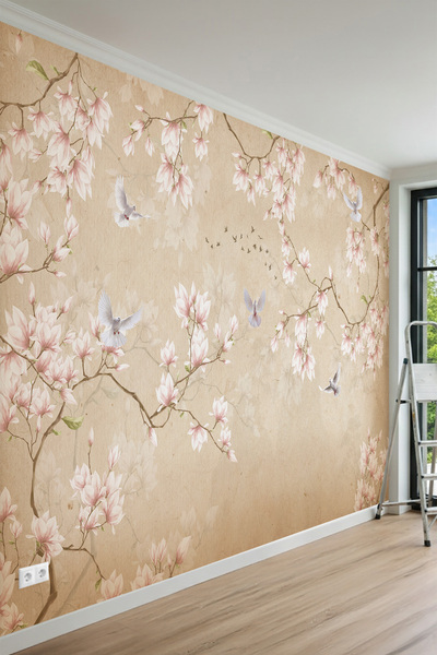 MİRAZAWALL Vintage Pastel Manolya ve Kuş Desenli Tek Parça Tekstil Duvar Kağıdı