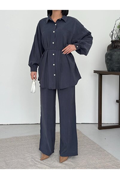 sportiness Soft Textured Buttoned Shirt and Trousers Set with Tie Detail