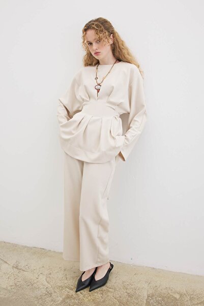 Hooopstore Pile Detailed Blouse and Stone Trousers Set