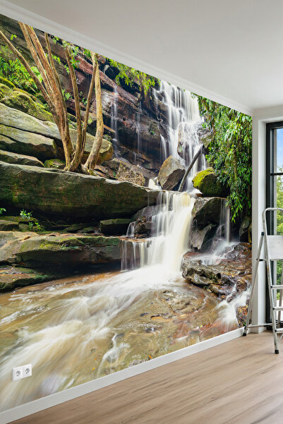 MİRAZAWALL Doğal Kaya ve Şelale Manzaralı 3 Boyutlu Görünümlü Tek Parça Tekst...