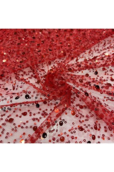 LE FANTASİA Fancy Product Red Sequin Bead Embroidery Evening Dress Fabric - 1...