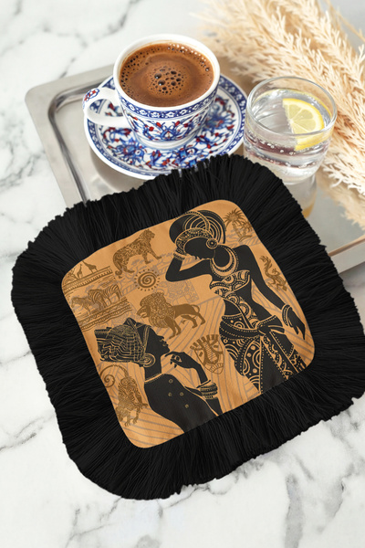 Evimde Bambaşka منديل تقديم مزخرف بنمط أفريقي مع شراشيب - منديل أسود بنمط بوه...