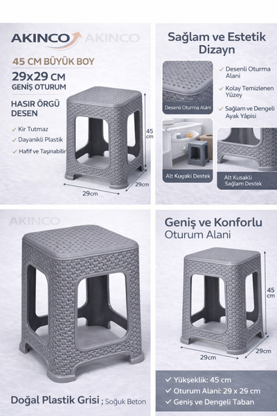 AKINCO 1 Adet Büyük GRİ Tabure Kir Tutmaz 45cm Hasır Örgü Yemek Masasına Uygu...