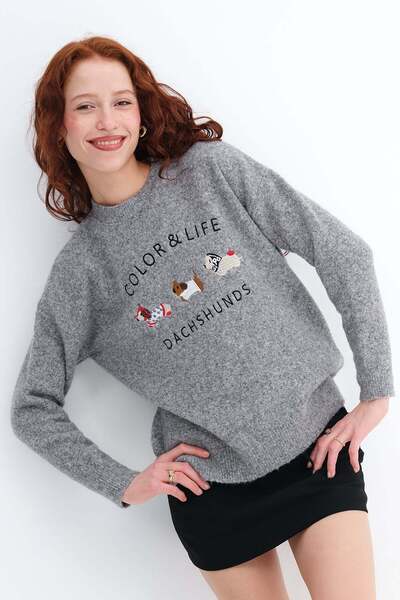 Addax Dog Embroidered Knitwear Sweater K7809