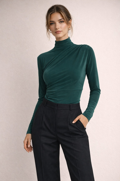 Kirazgym Women's Draped High-Neck Long-Sleeve Stretch Fabric Blouse - Green