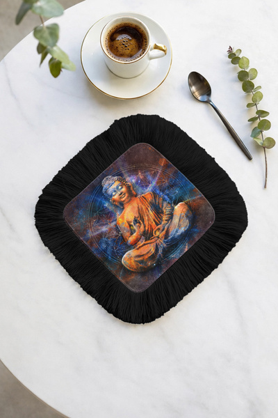 Evimde Bambaşka منديل تقديم مزخرف بنمط بوذا الغامض مع شراشيب - منديل أزرق داك...