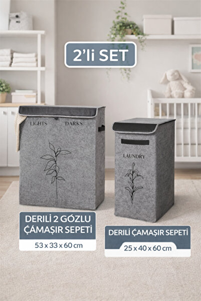 PONÇİK BEBEK İki Gözlü Çamaşır Sepeti Renkli &Koyu 2 Bölmeli Katlanır Sepet -...
