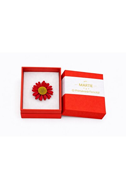 OEM Mărțișor Broșă Floare Roșie Tip Margareta – Cutie Cadou Roșie – 1 Martie