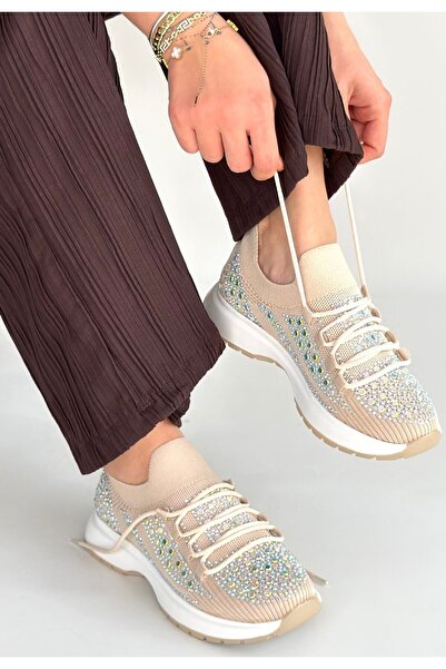 M&B COLLECT Ceas Beige Knitwear Lace-Up Sneakers