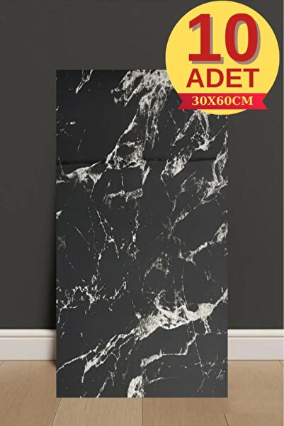 Renkli Duvarlar 10 Adet 30X60cm Siyah Mermer Desen Yapışkanlı Köpük Duvar Pan...