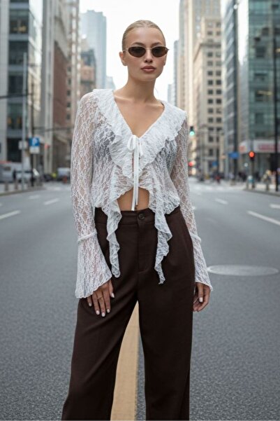 SİA LESS Transparent Lycra Tulle Body Blouse Long Sleeve Self Patterned Sport...