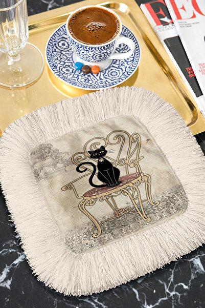 Evimde Bambaşka منديل أنيق بتصميم قطة عتيق مع شراشيب - منديل أسود كريمي أنيق ...