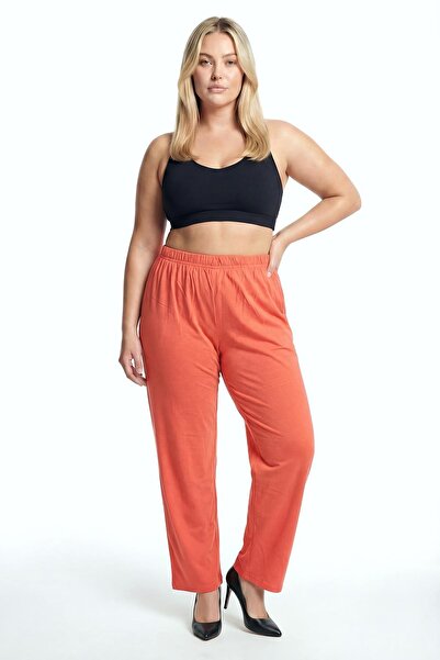 Akbeniz Women's Orange Plus Size Pajama Bottoms with Pockets