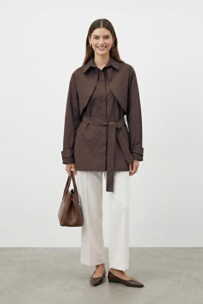 Loreen Women's Shirt with Collar, Cape, and Belted Tunic - 20759Gml - Brown