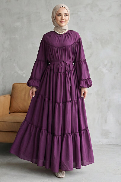 FERHEL Elastic Sleeves, Tieable Waist, Layered Ruffle Detail Long Dress - Plum