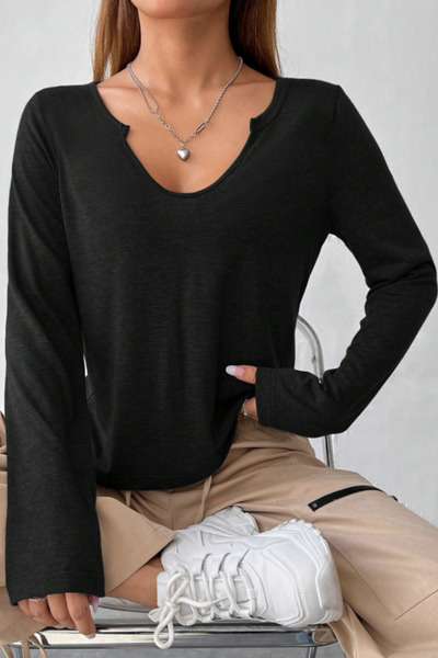 Tarz Cool Обикновена черна памучна блуза с дълъг ръкав и облегаща кройка