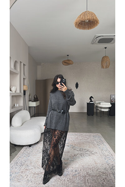 Buket Teke Anthracite Knitwear Lace Maxi Dress