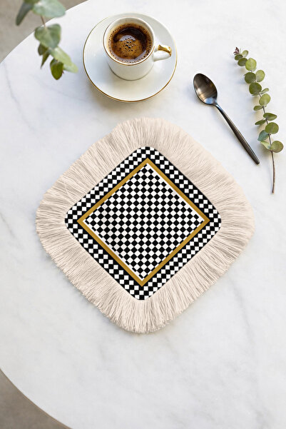 Evimde Bambaşka Black and White Checkered Gold Colored Fringed Presentation N...