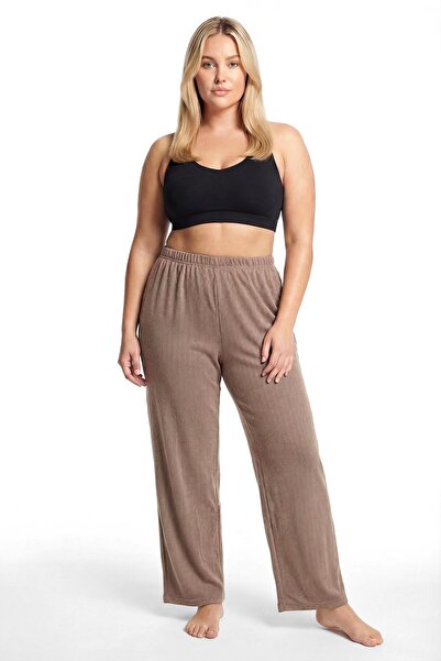Akbeniz Women's Plus Size Relaxed Fit Pajama Bottoms with Pockets Brown