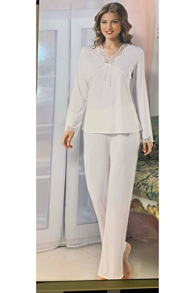 PİJAMİS Stretchy Fabric Lace Detailed Long Sleeve Women's Pajama Set Boxed