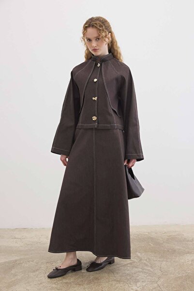 Hooopstore Gold Button Detailed Denim Brown Skirt Suit