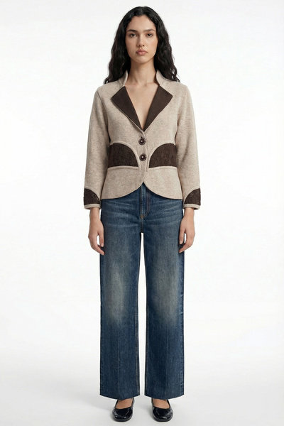 Sementa Dantel Detaylı Truvakar Kol Yün Triko Ceket - Vizon - Kahverengi