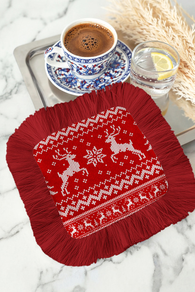 Evimde Bambaşka Șervețel de prezentare cu franjuri cu motiv cerb nordic - Șer...