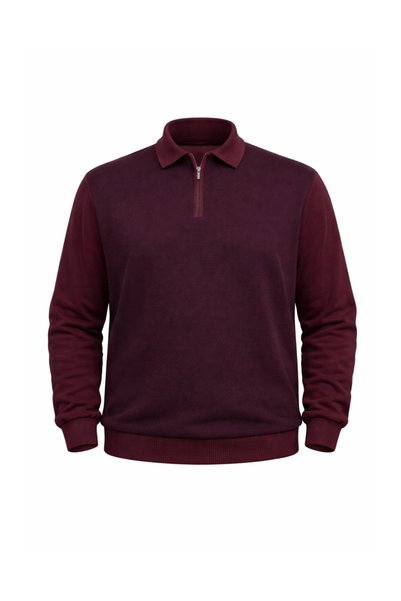 BattalModa Men's Large Size Burgundy Polo Collar Zippered Knitwear Sweater 5Xl-6Xl-7Xl-8Xl