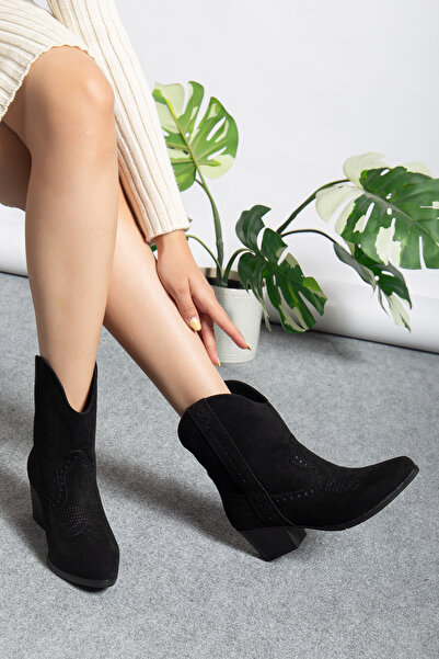 M Miss dark moda Western Vegan Süet İnce Burun Kovboy Topuklu Kadın Bot