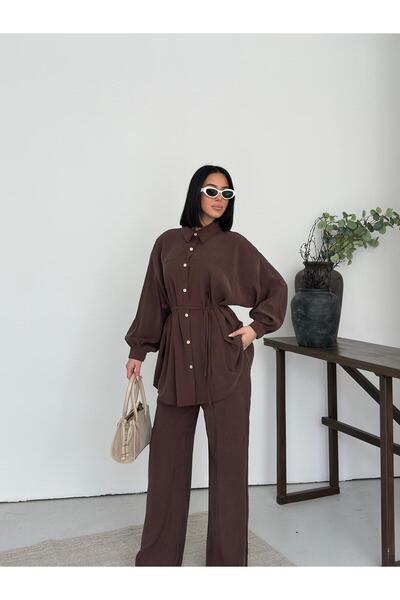 sportiness Soft Textured Buttoned Shirt and Trousers Set with Tie Detail