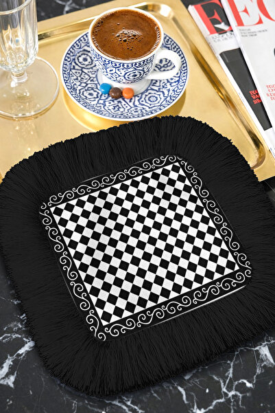 Evimde Bambaşka Black and White Elite Fringed Presentation Napkin-Geometric C...