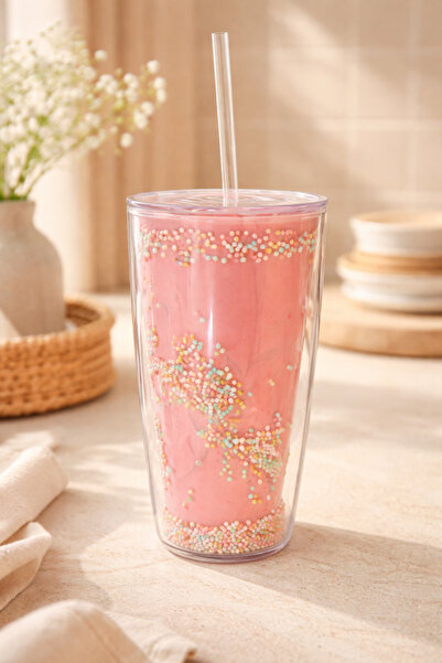 Anadolu Saray 750 ml Beaded Double Layer Cold Drink Cup with Straw and Lid Bp...