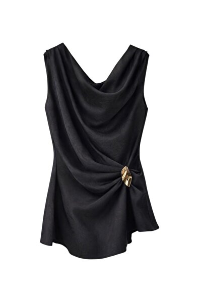 Quzu Asymmetrical Draped Satin Blouse with Accessories Black