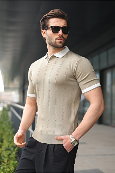 Madmext Ανδρικό πλεκτό μπλουζάκι με λαιμόκοψη πόλο από βιζόν E7470