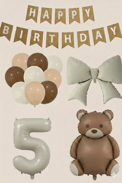 Çemrek Süs Parti Kraft Happy Birthday Lettering Foil Bear Balloon and Bow Bal...