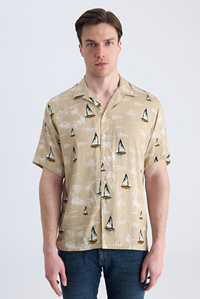 Twn Cămașă din raion cu imprimeu bej, croială slim fit