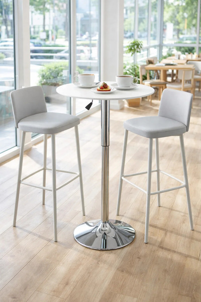 MARIA HOMES White Adjustable Height Bar Table Round Top Chrome Pedestal Base ...