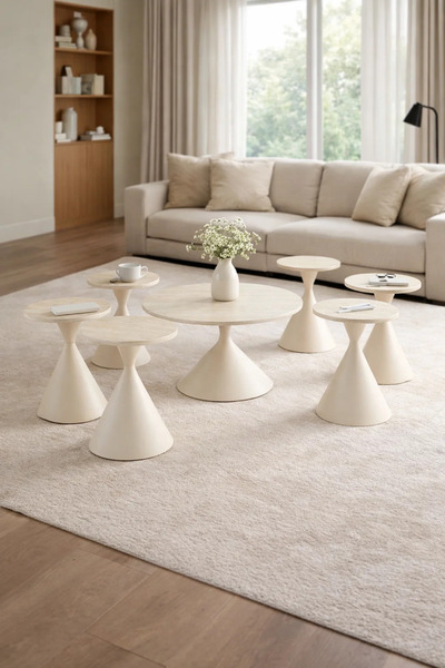 MARIA HOMES Modern Beige Round Coffee Table Set 1+6 – 7 Piece Cone Base Livin...