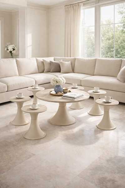 MARIA HOMES Modern Beige Round Coffee Table Set 1+6 7 Piece Cone Base Living ...